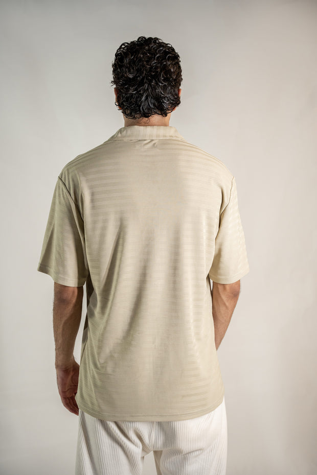 Beige Stripe Pattern Relax Fit Cuban Shirt