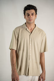 Beige Stripe Pattern Relax Fit Cuban Shirt