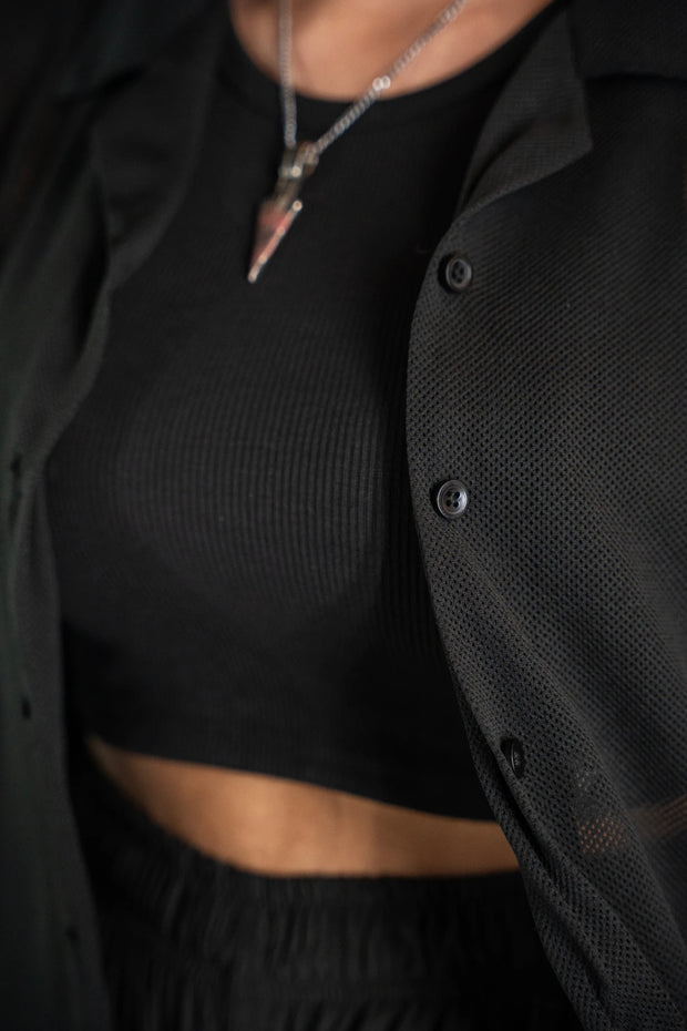 Black Mesh Relax Fit Cuban Shirt