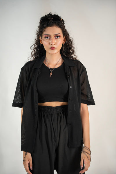 Black Mesh Relax Fit Cuban Shirt