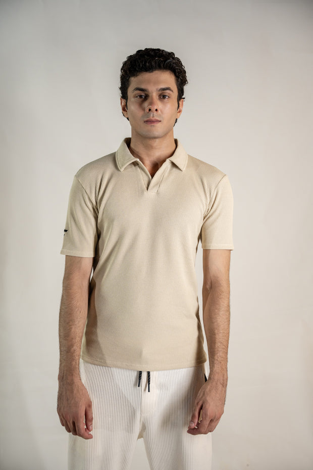 Textured Knitted Polo - Beige