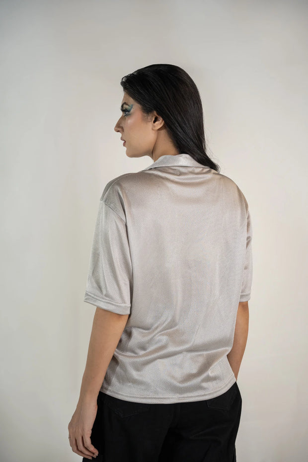 Silky Mesh Relax Fit Cuban Collar Shirt - Grey