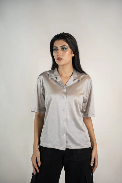 Silky Mesh Relax Fit Cuban Collar Shirt - Grey