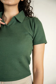 Textured Knitted Cropped Polo - Green