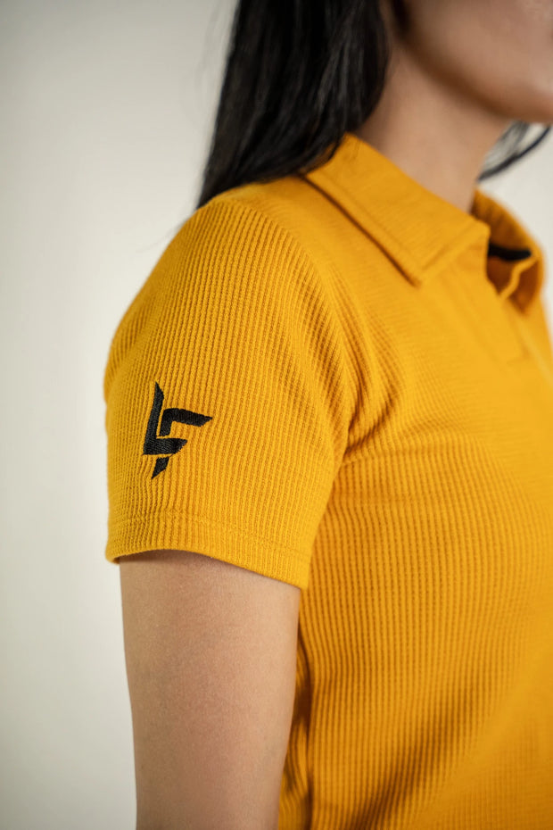 Textured Knitted Cropped Polo - Mustard