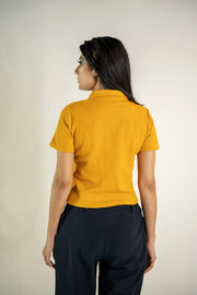 Textured Knitted Cropped Polo - Mustard