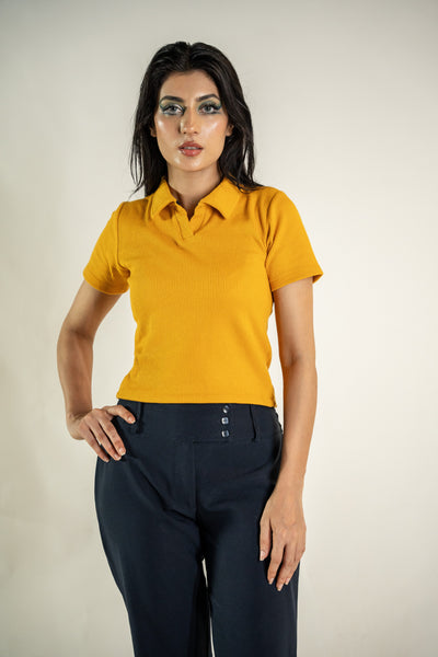 Textured Knitted Cropped Polo - Mustard