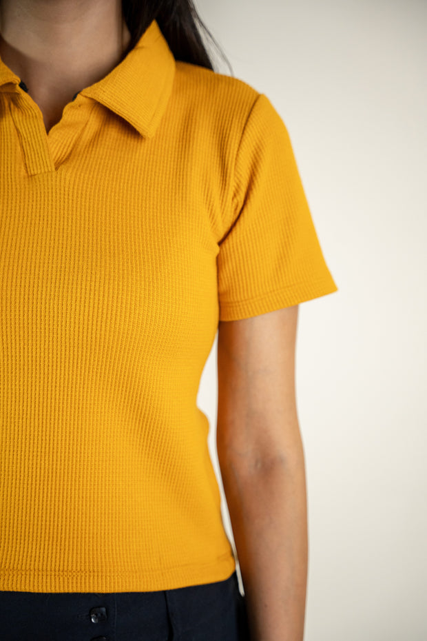 Textured Knitted Cropped Polo - Mustard